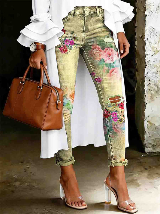 Jean pour femme à imprimé floral artistique