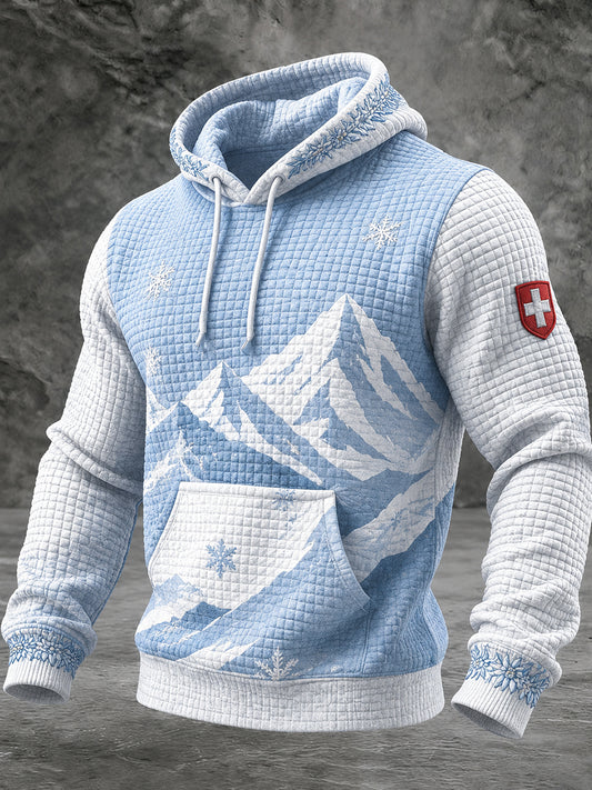 Snow Mountain Imprimer Waffle Textured Sweat à capuche à manches longues pour hommes