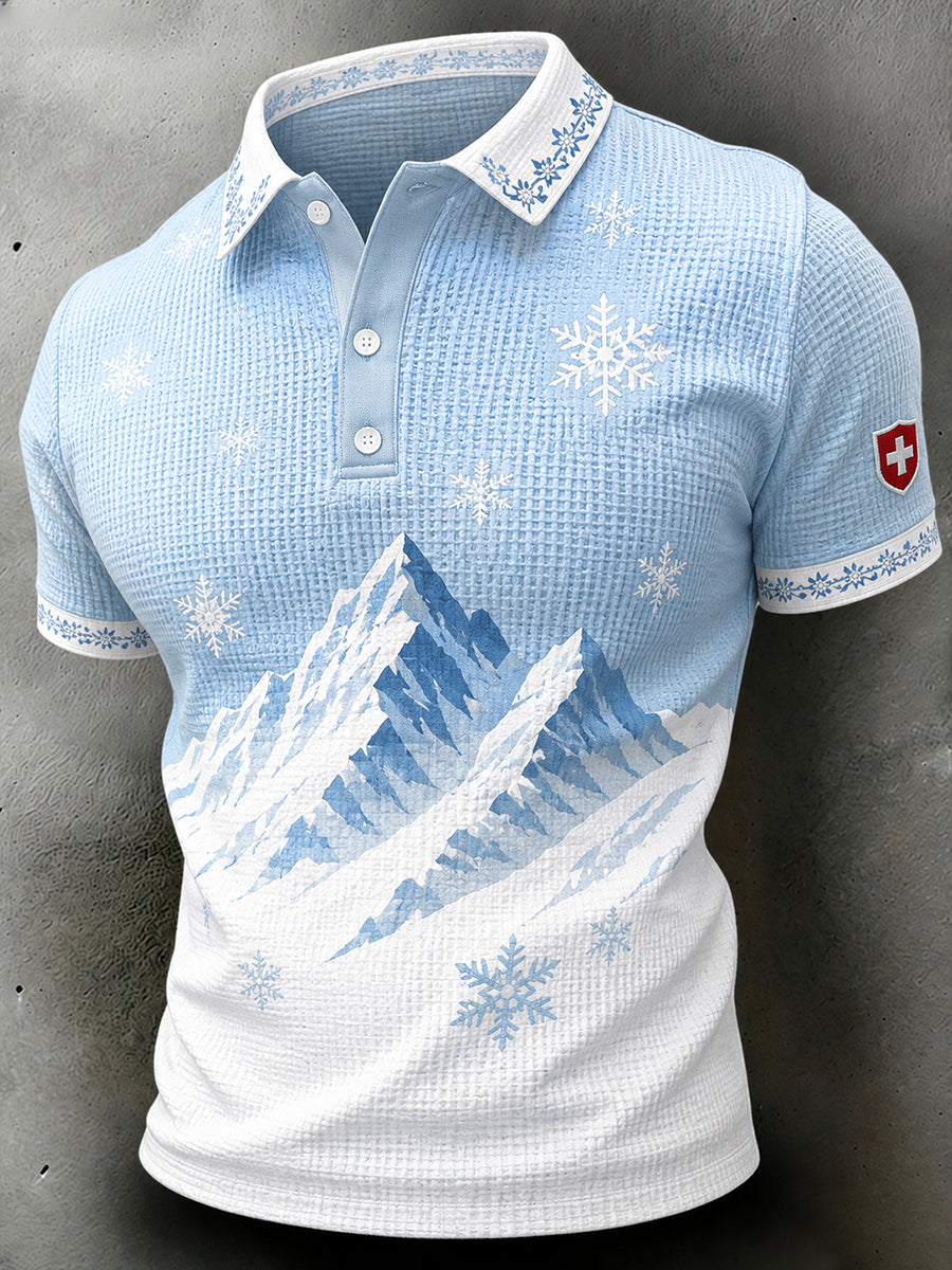 Polo homme à manches courtes, texture gaufre, motif montagne enneigée