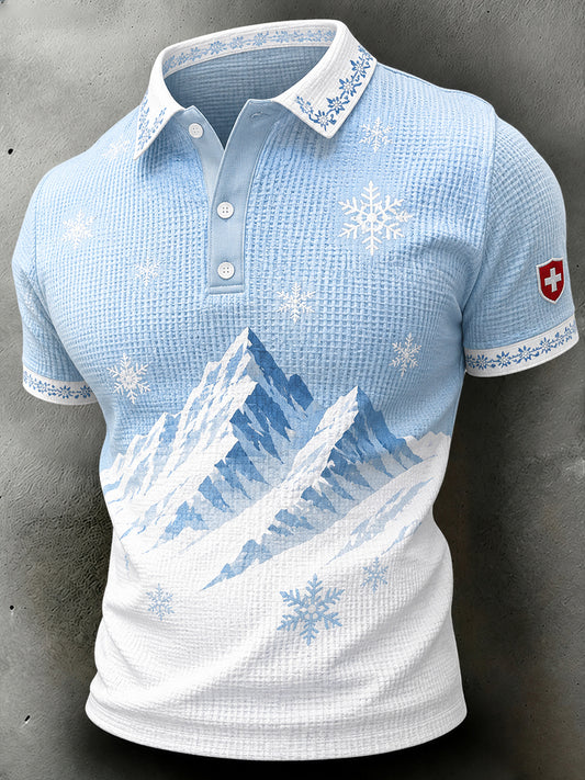 Polo homme à manches courtes, texture gaufre, motif montagne enneigée