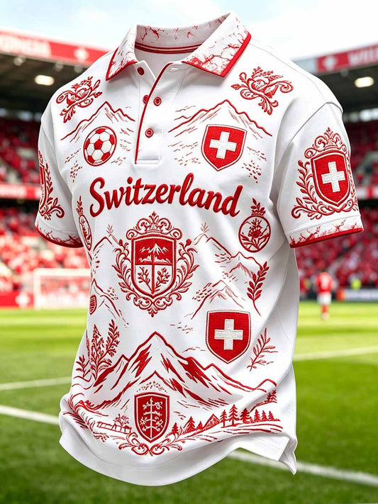 T-shirt polo décontracté avec impression artistique de la Ligue suisse de football masculine