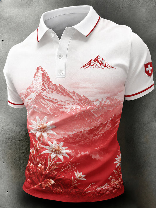 Polo décontracté à manches courtes Snow Mountain Floral Print pour homme