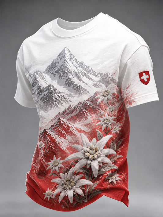 T-shirt décontracté à manches courtes pour homme, motif floral montagne enneigée