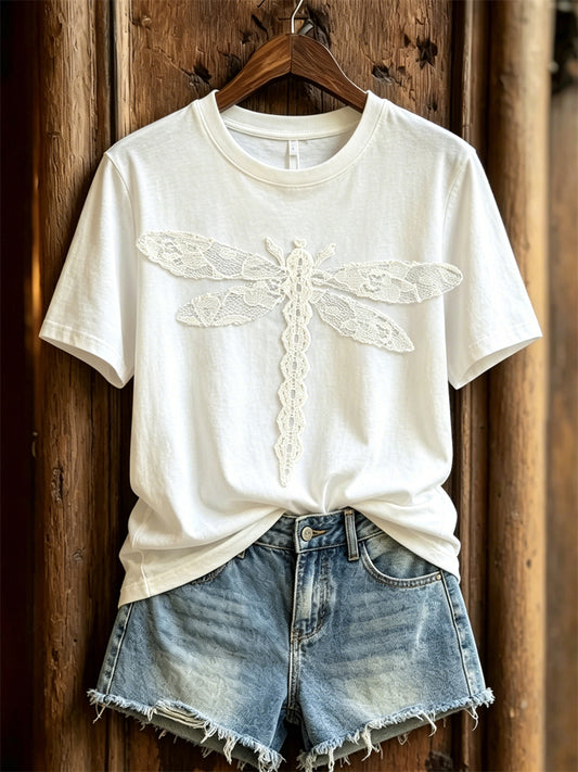 T-shirt à manches courtes chic Draginfly Floral Lace Print Femme