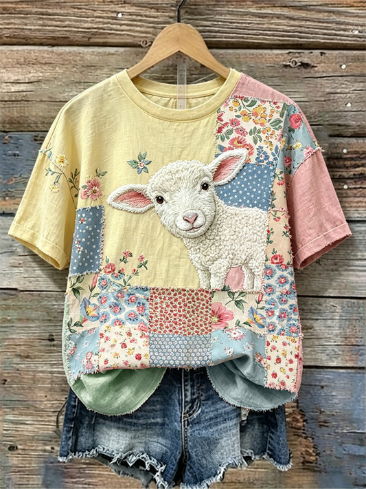 Peeking Lamblinen Cottage Floral Colorblock Imprimer Lin T-shirt Femme