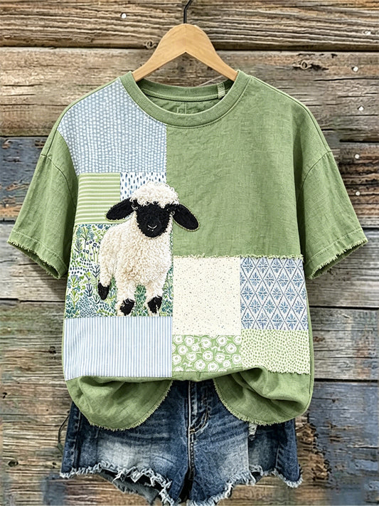 T-shirt en lin à imprimé floral Colorblock pour femmes Fuzzy Sheep Cottagecore
