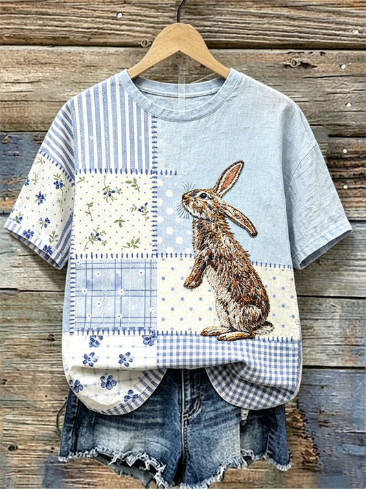 Vintage Bunny Cottage Floral Patchwork Imprimer lin T-shirt des femmes