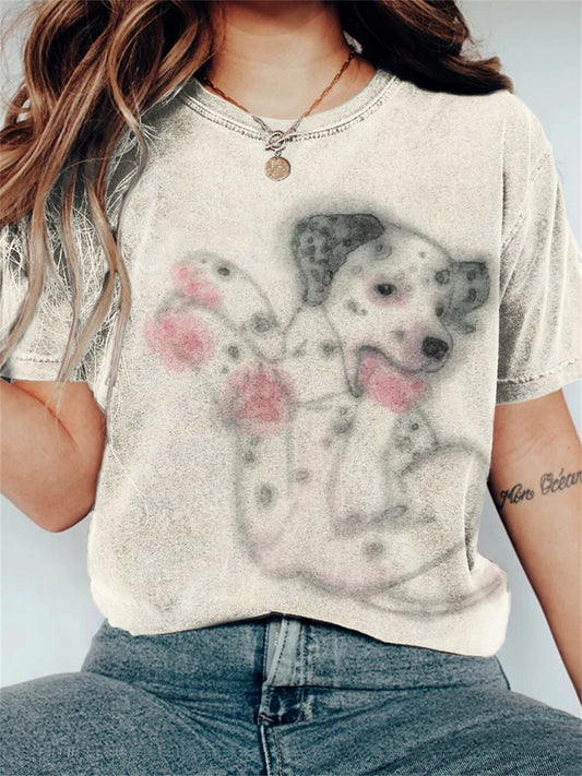 T-shirt à manches courtes Fuzzy Dalmatian Dog Art Femme