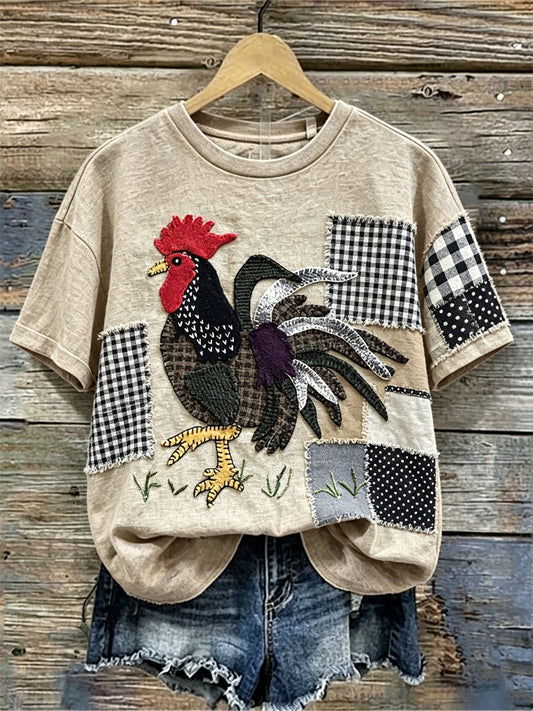 Femme Vintage Coq Fibre Art Patchwork Imprimer lin T-shirt
