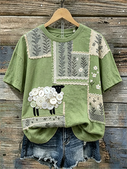 T-shirt à manches courtes en lin pour femme Vintage Sheep Cottagecore Floral Art Print