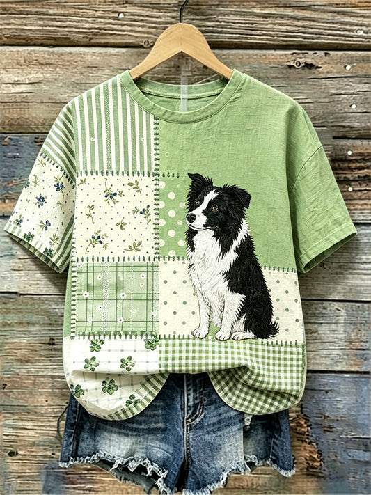 Femme Border Collie Chien Cottagecore Floral Patchwork Imprimer lin T-shirt