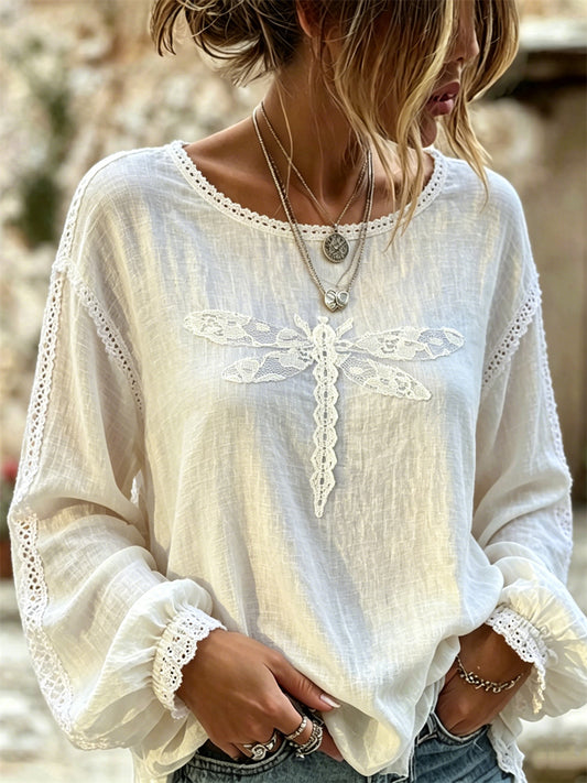 Chemise en coton-lin chic libellule en dentelle à motif floral pour femme