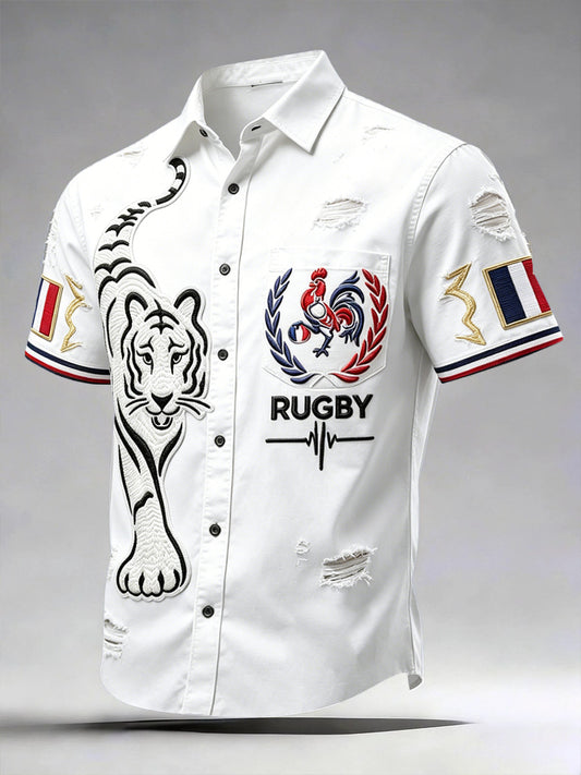 Chemise décontractée à manches courtes pour homme, blanche, motif de coq français vieilli, style rugby