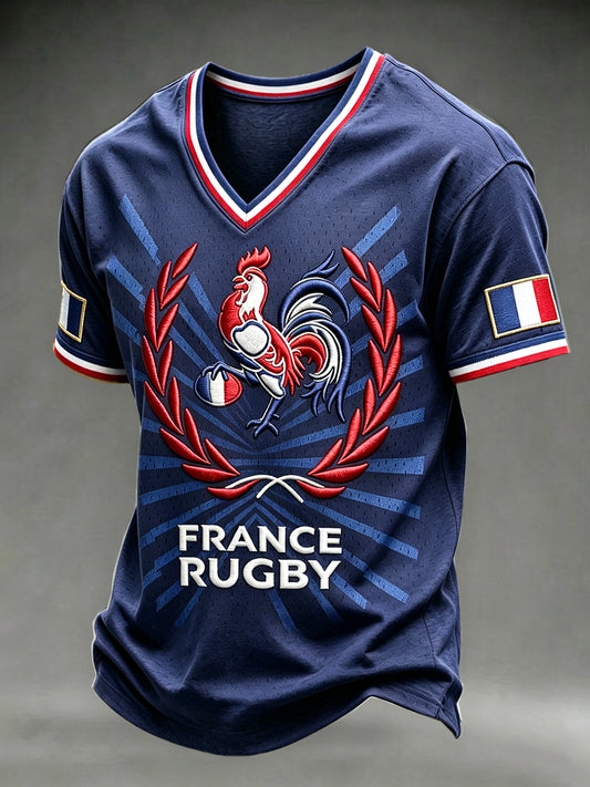 T-shirt décontracté pour homme, style vintage bleu marine, avec imprimé 3D d’un coq gaulois de France, modèle rugby
