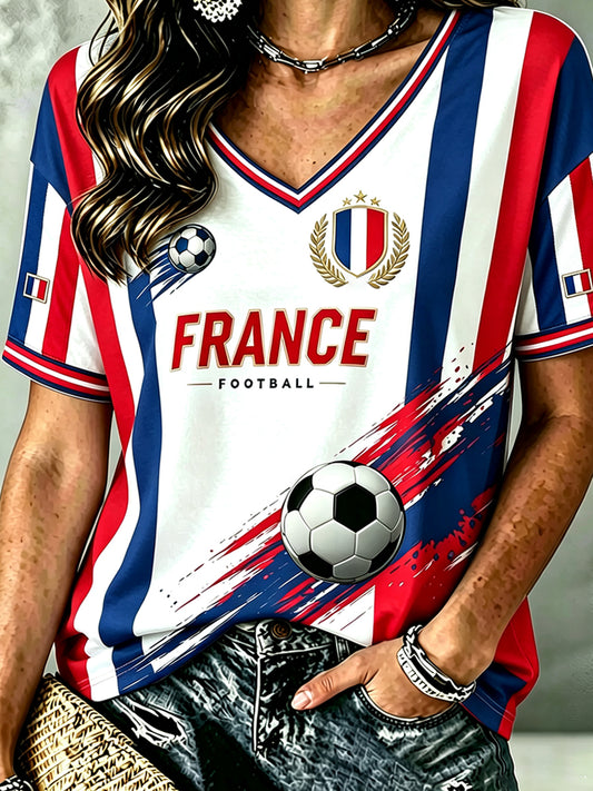 Chemise en lin à col V pour femme, motif France Football