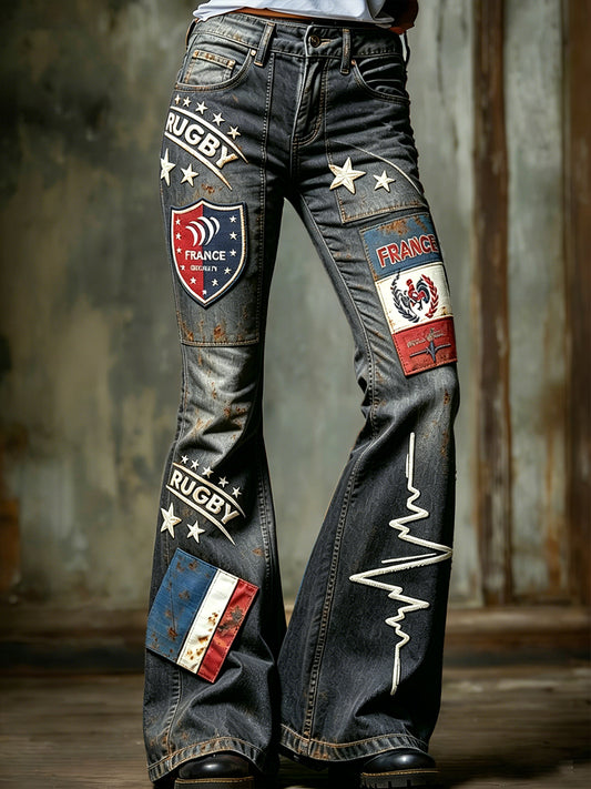 Pantalon décontracté rétro évasé pour femme, gris foncé, patchwork à motif rugby français