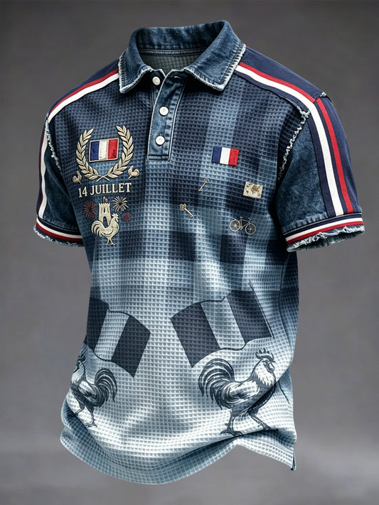 Polo rétro à carreaux de style français, décontracté, en tissage gaufre pour la Fête nationale