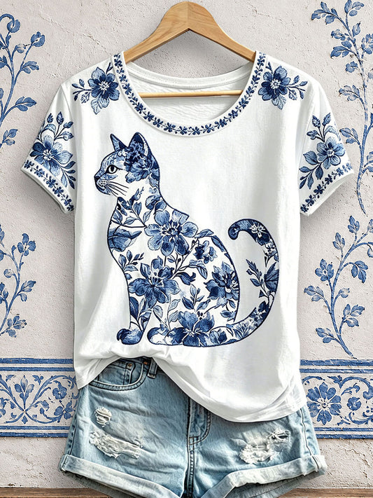 T-shirts fleuris à imprimé chat pour femmes