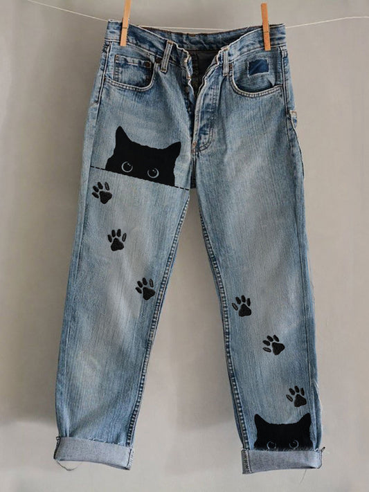 Pantalon décontracté avec impression d’art félin pour femme
