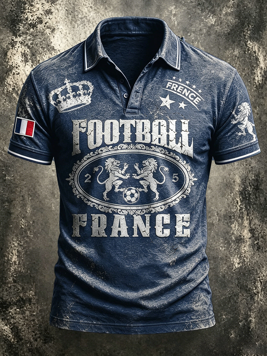 Polo décontracté imprimé de football français bleu vintage pour hommes