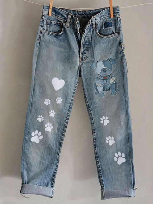 Pantalon décontracté avec impression d’art représentant des chiens pour femme