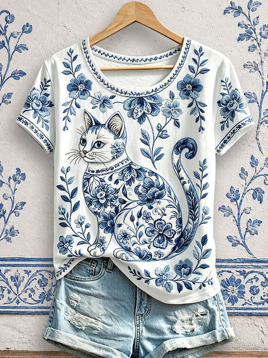 T-shirts fleuris à imprimé chat pour femmes