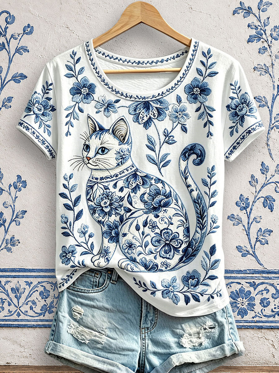 T-shirts fleuris à imprimé chat pour femmes