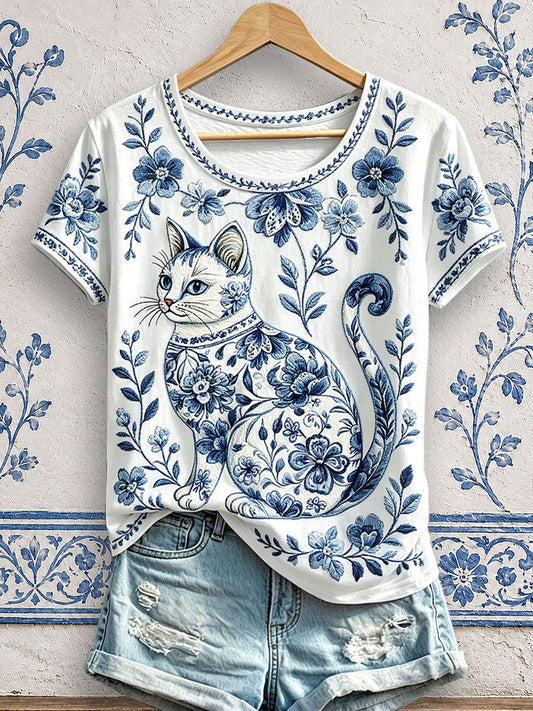 T-shirts fleuris à imprimé chat pour femmes