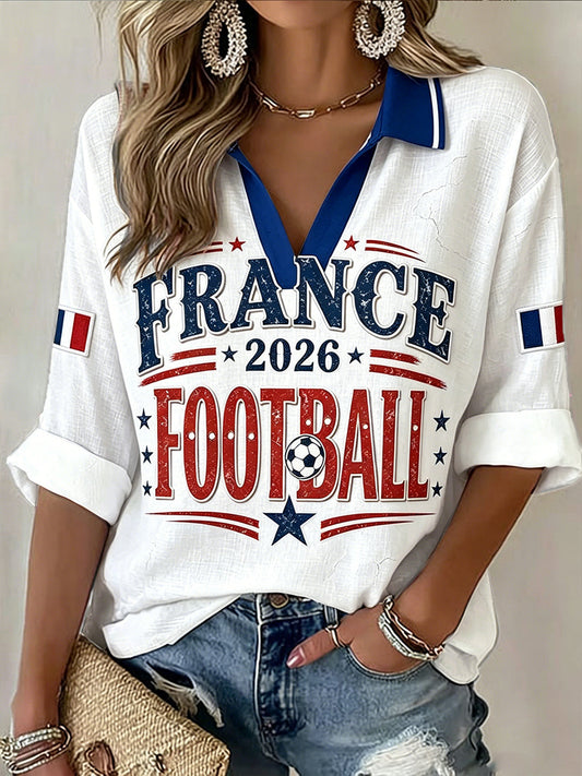 T-shirt décontracté à col en V imprimé football français blanc pour femme