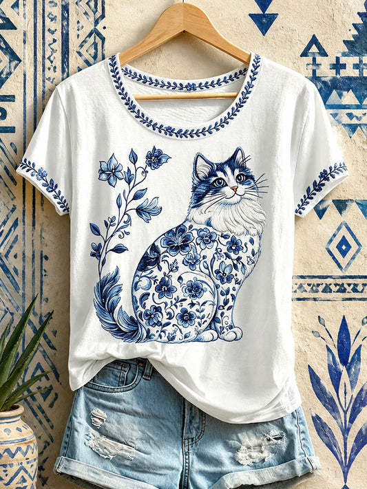T-shirts fleuris à imprimé chat pour femmes