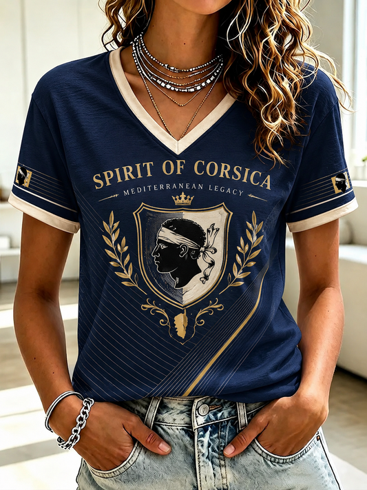 T-shirt à col en V imprimé du drapeau français de Corse pour femme
