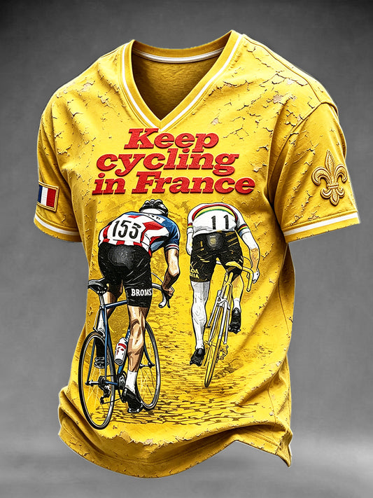 T-shirt décontracté à col en V pour homme, imprimé Tour de France, couleur jaune
