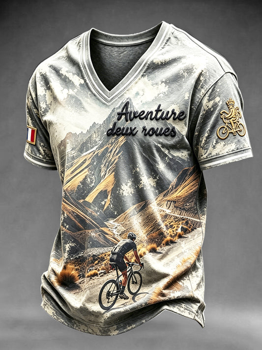 T-shirt décontracté à col en V pour homme, motif cyclisme du Tour de France, tendance et élégant