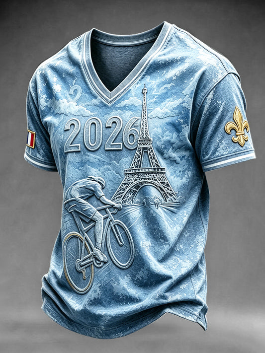 T-shirt décontracté à col en V pour homme, imprimé cyclisme Tour de France 2026, couleur bleue