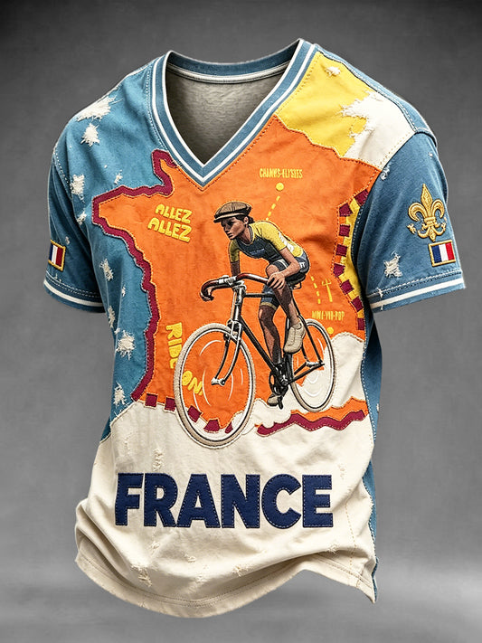 T-shirt décontracté à col en V pour homme, imprimé denim d’inspiration cycliste Tour de France