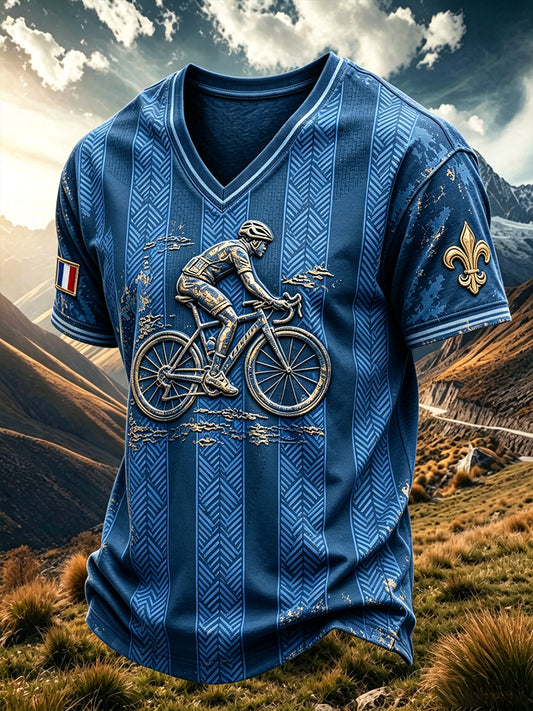 T-shirt décontracté à col en V pour homme, imprimé Tour de France bleu