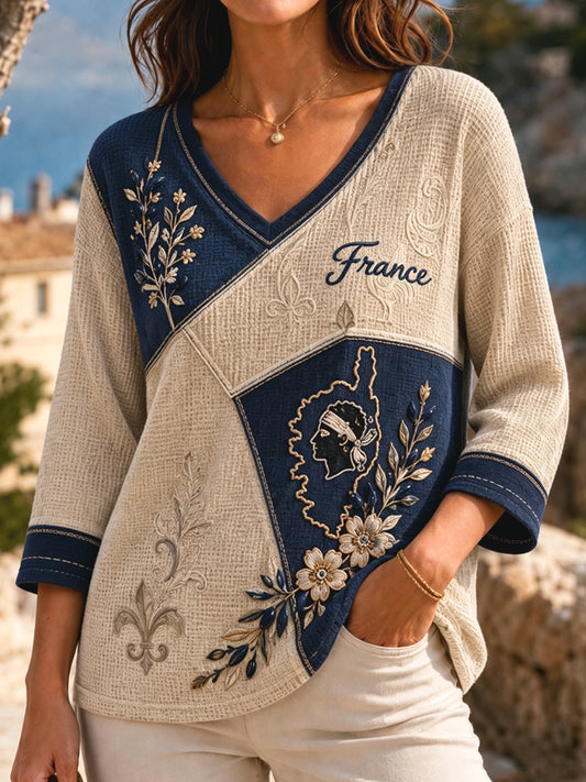 Femmes Rétro Corse Patchwork Casual V-Neck Waffle Weave Top