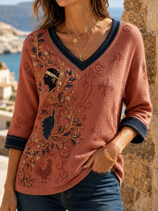 Vintage corse imprimé floral col en V Waffle Weave Top des femmes