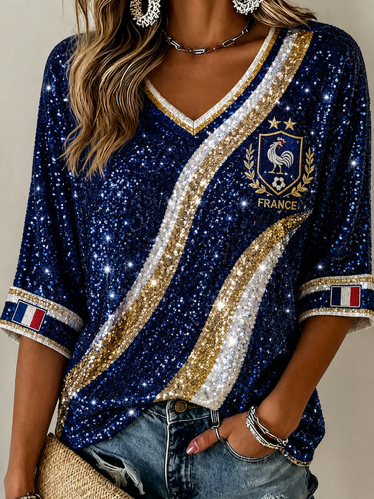 Chemise en lin à col V pour femme, motif France Football