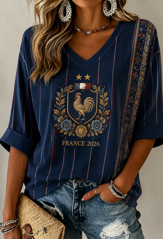 Chemise en lin à col V pour femme, motif France Football