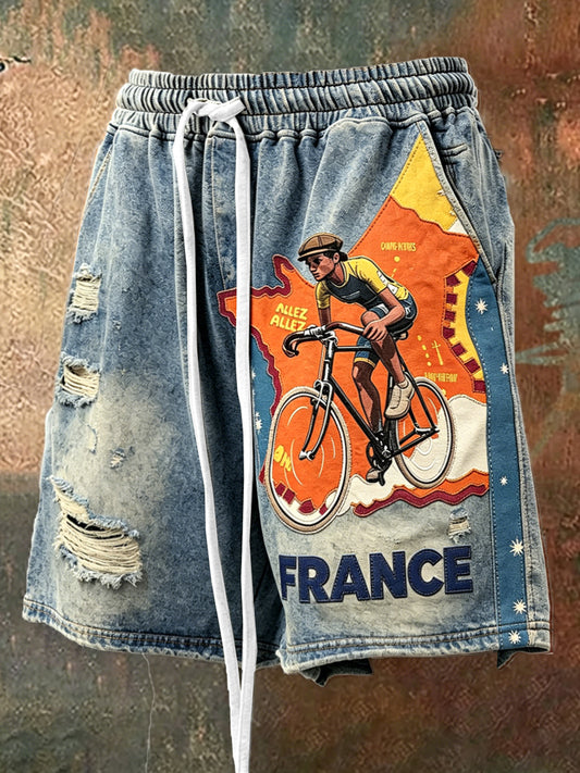 Shorts de cyclisme décontractés pour homme, style vintage Tour de France, avec imprimé vieilli