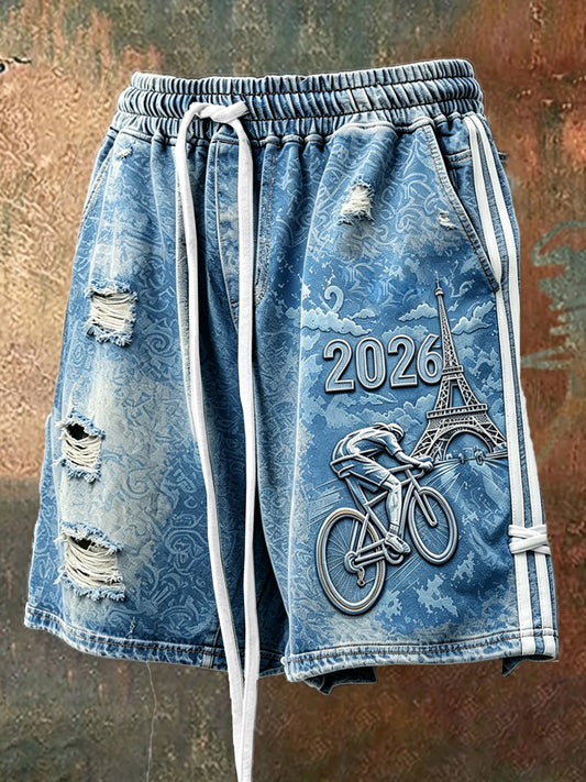 Shorts de sport décontractés à imprimé déchiré, effet denim, inspirés du cyclisme, pour homme, Tour de Force français