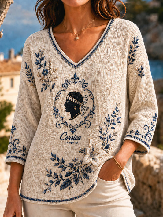 Haut rétro corsaire floral artistique décontracté en tissu gauffré pour femme