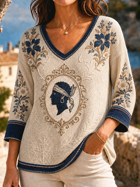 Haut décontracté en tissage gaufre, patchwork floral corse rétro pour femme