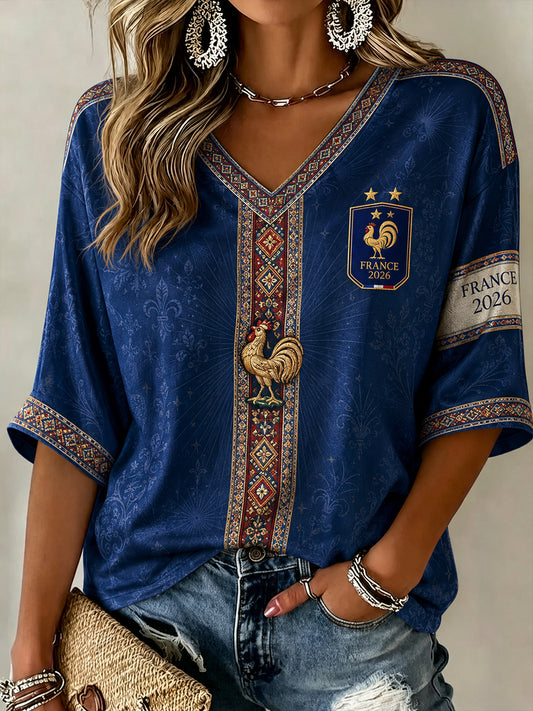 Chemise en lin à col V pour femme, motif France Football