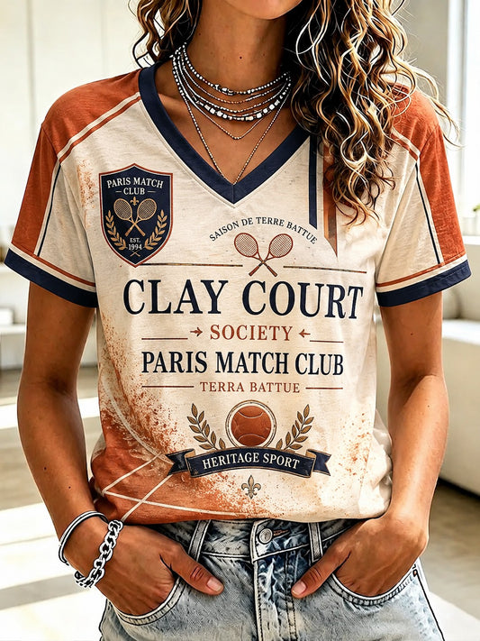 T-shirt imprimé à col en V du Championnat international de France de tennis féminin