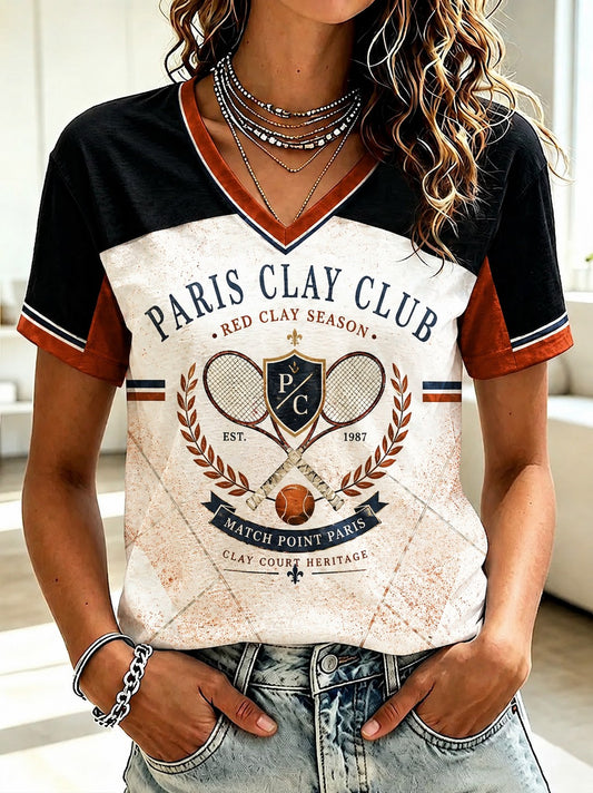 T-shirt imprimé à col en V du Championnat international de France de tennis féminin