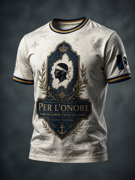 T-shirt décontracté au motif discret représentant une carte de la Corse, effet vieilli et usé, style vintage