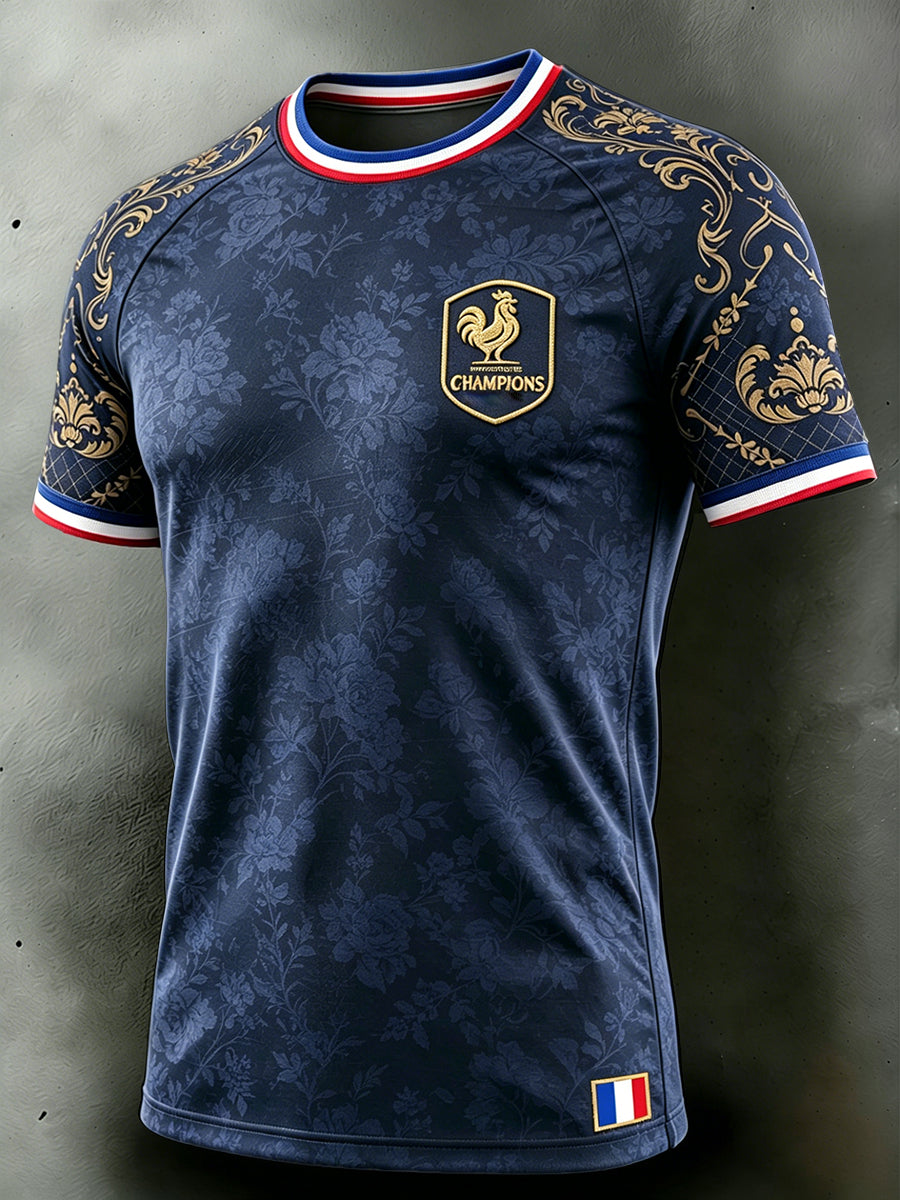 Bleu marine coq français imprimé décontracté T-shirt Goutte épaule