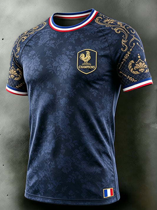 Bleu marine coq français imprimé décontracté T-shirt Goutte épaule